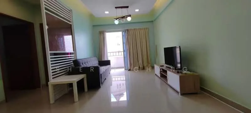 Living features: light green painted walls, glossy tile flooring, sofa in black leather, white side table, TV console in light wood, wall-mounted TV, curtains in beige, ceiling light fixture with multiple bulbs, large window with natural light, open layout to adjacent room; style: modern.