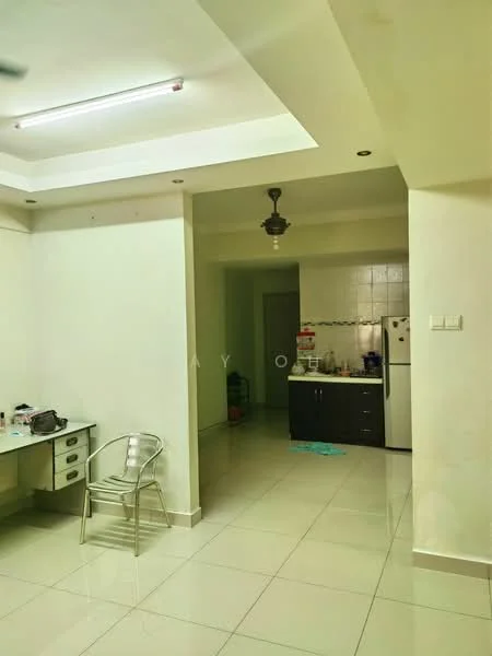 Room features: white painted walls, polished ceramic tile flooring, recessed ceiling lights, ceiling fan, kitchen area with dark cabinetry, stainless-steel fridge, countertop with sink, table with metal chairs; style: modern.
