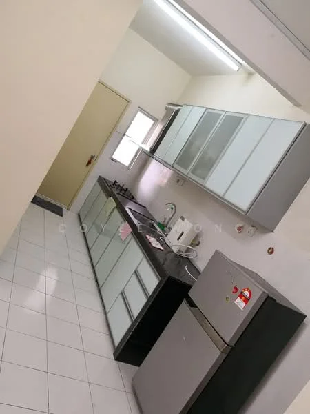 Kitchen features: grey and white cabinetry, black granite countertop, single-bowl stainless-steel sink, chrome pull-down faucet, built-in gas stove, built-in oven, stainless-steel fridge, white tiled backsplash, white tiled flooring, overhead fluorescent lighting, window above sink, door leading to hallway; style: modern.