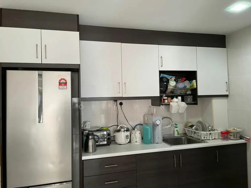 Kitchen features: stainless-steel fridge, built-in oven, microwave, stainless-steel sink, chrome pull-down faucet, white upper cabinets, dark wood lower cabinets, white countertop, dish rack, kettle, toaster, blender; style: modern.