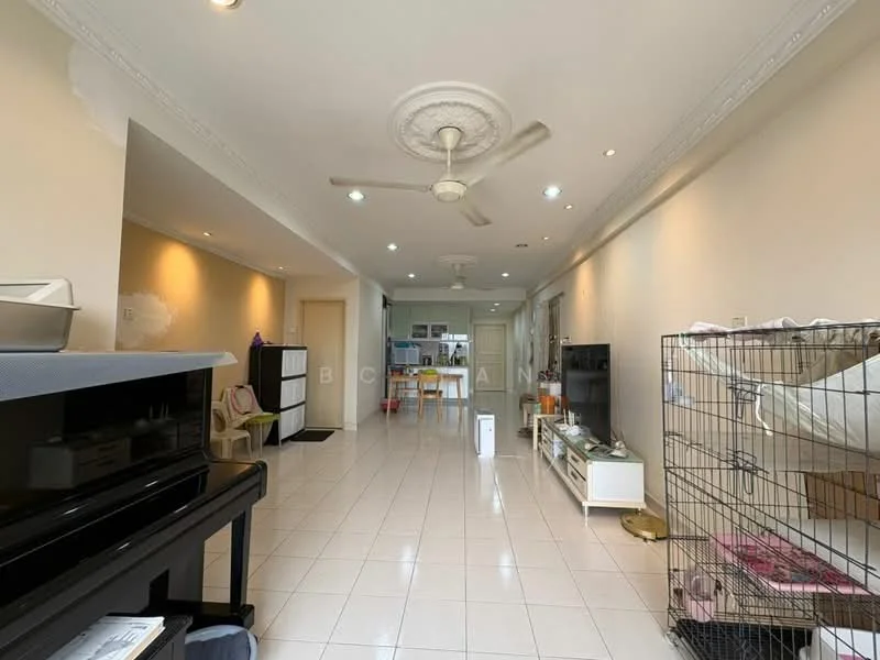 Living features: white painted walls, glossy white tile flooring, 5-blade ceiling fan with light, recessed LED downlights, wall-mounted TV, freestanding TV cabinet, sofa, coffee table, decorative items on shelves, open layout to dining area, large windows for natural light; style: modern.