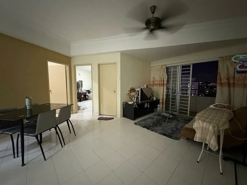 Living features: white painted walls, tile flooring, 5-blade ceiling fan, sofa in beige, area rug, TV console, wall-mounted TV, dining table with 4 chairs, floor-to-ceiling windows, curtains, decorative items on side table; style: modern; view: city. Room features: doorway leading to another room, doorway leading to balcony.