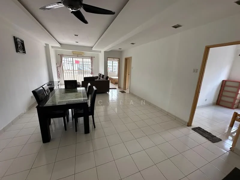 Living features: white painted walls, tile flooring, 5-blade ceiling fan, large windows with sheer curtains, sofa, dining table with black chairs, light fixtures in ceiling, open layout, neutral color scheme; style: modern.