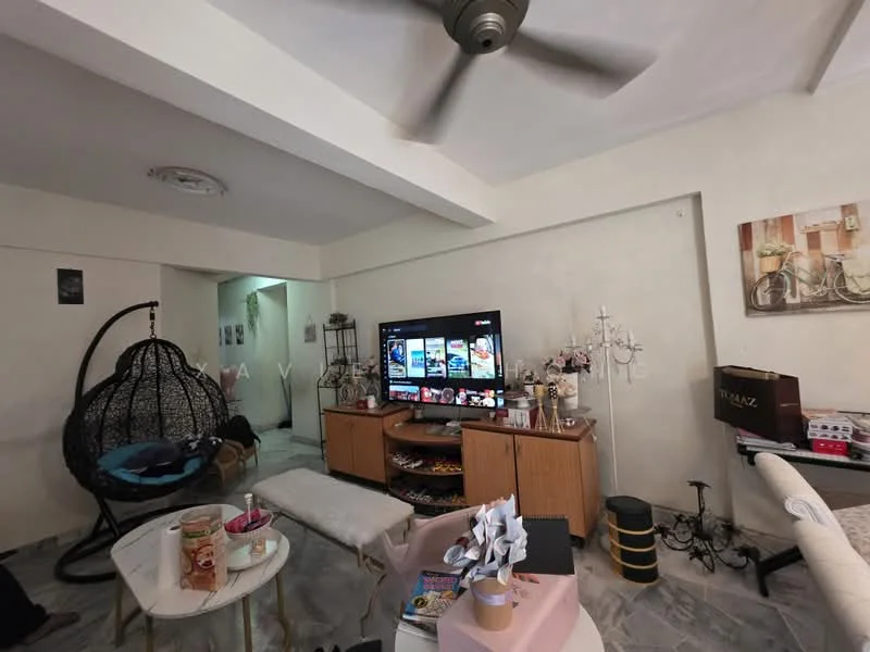 Living features: 5-blade ceiling fan, wall-mounted TV, wooden TV console, coffee table, sofa with cushions, decorative wall art, hanging chair, marble flooring, light-colored painted walls, recessed ceiling lights; style: contemporary.