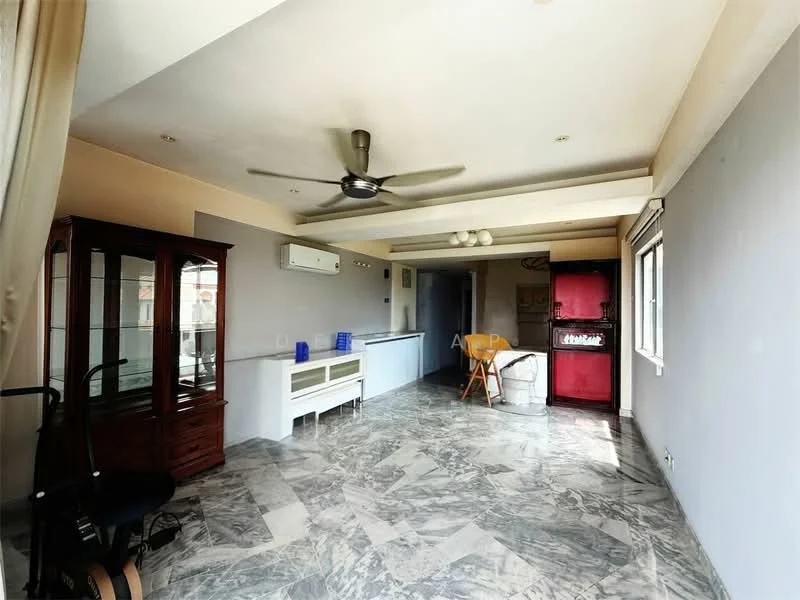 Living features: marble flooring, 5-blade ceiling fan, wall-mounted split AC, large window with view, wooden display cabinet, white painted walls, recessed ceiling lights, open layout, furniture including chair and table, red fridge, utility area with storage; style: modern.