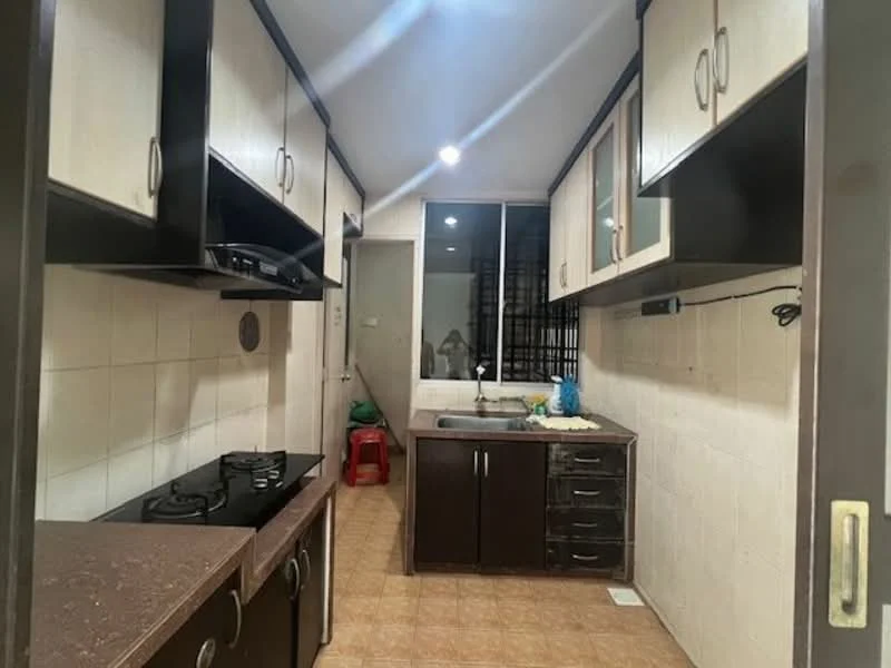 Kitchen features: brown laminate countertop, black cabinetry, white tiled walls, gas stove with two burners, stainless-steel sink, chrome faucet, built-in cabinets, tile flooring, window with view to outside, recessed ceiling lights; style: modern.