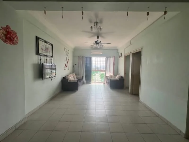 Living features: light green painted walls, white ceiling, 5-blade ceiling fan, tile flooring, two fabric sofas in grey, wall-mounted TV, curtains on sliding glass door, balcony view, decorative wall art, natural light from windows; style: modern; view: garden.