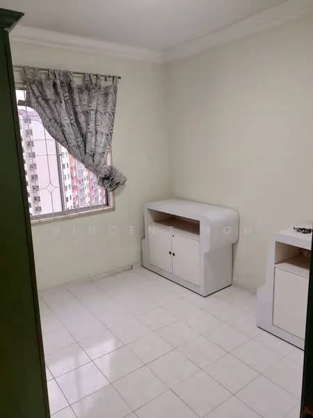 Room features: white painted walls, white tiled flooring, curtains with floral pattern, window with metal grille, built-in white cabinet, small white side table, corner space, natural light from window; view: city.