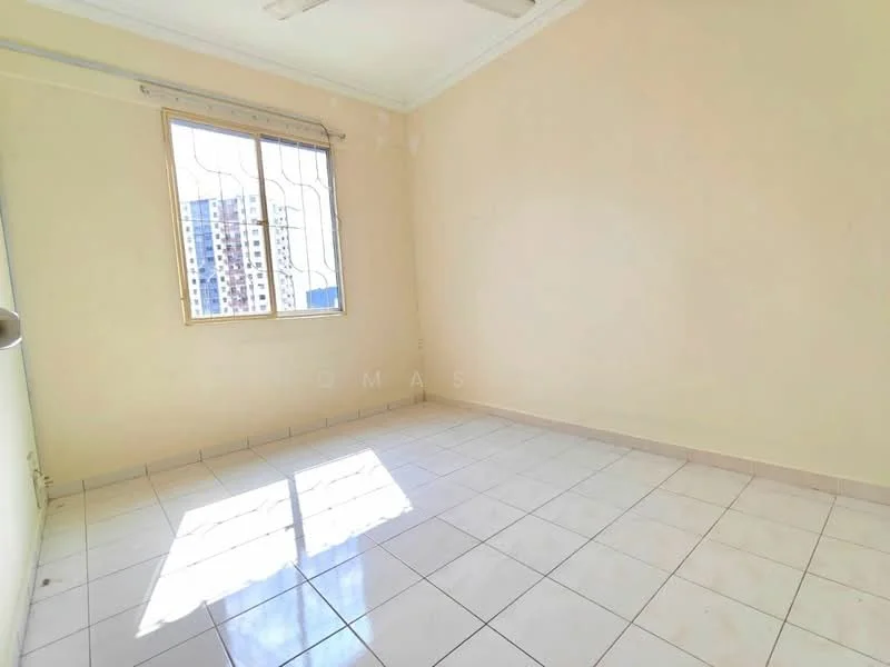 Room features: white painted walls, tile flooring, single window with security grille, natural light from window, no visible furniture, neutral color scheme, high ceiling, corner room; style: minimalist; view: city.