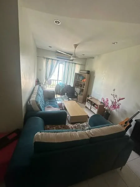 Living features: L-shape sectional sofa in teal, coffee table, TV console, wall-mounted TV, floor-to-ceiling windows, curtains, ceiling fan, decorative plants, light-colored walls, tile flooring; style: modern; view: city.