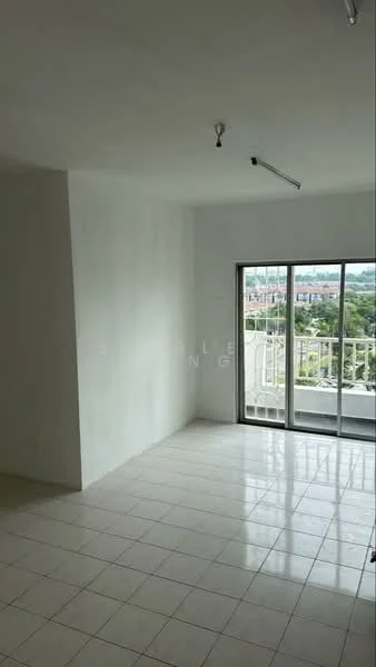 Room features: white painted walls, tile flooring, floor-to-ceiling sliding glass door, natural light from large window, plain ceiling with light fixtures, balcony access, neutral color scheme, open layout; style: modern; view: city.