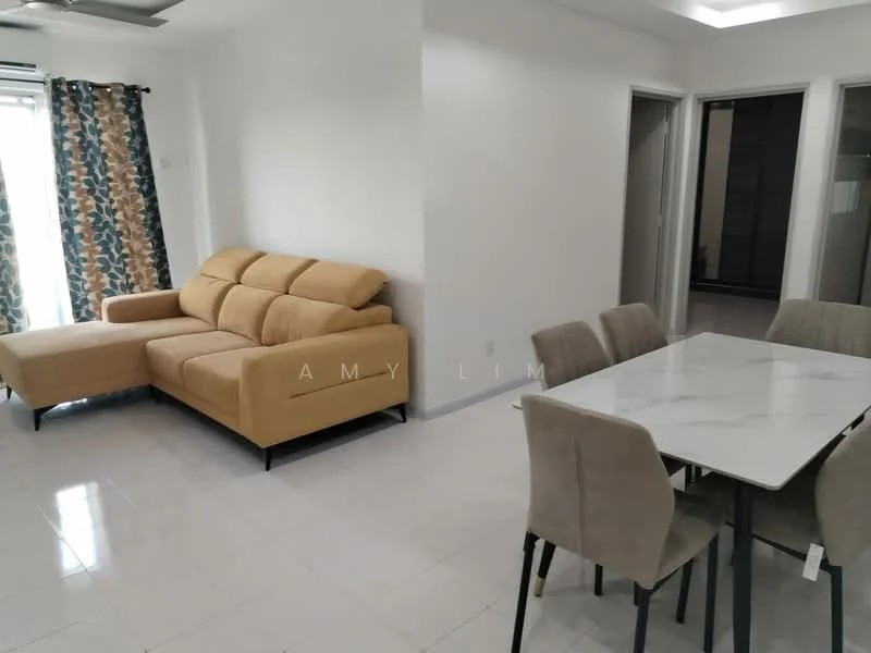 Living features: L-shape sectional sofa in beige, marble dining table, upholstered dining chairs, floor-to-ceiling windows, sheer curtains, white painted walls, polished tile flooring, recessed downlights, ceiling fan; style: modern.