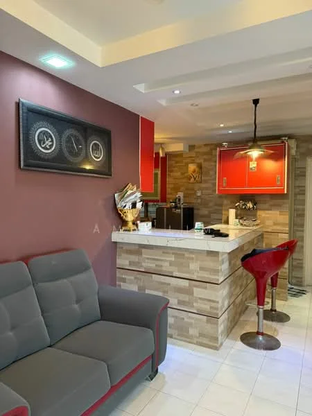 Living features: grey fabric sofa, red accent wall, white tiled flooring, framed artwork on wall, recessed downlights, pendant light above counter, open kitchen layout, bar stools, wooden bar counter, kitchen cabinetry with red finish, decorative items on counter; style: modern.