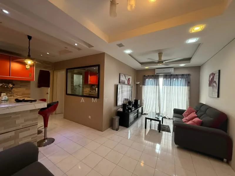 Living features: grey fabric sofa, red accent pillows, black TV console, wall-mounted TV, coffee table, recessed ceiling lights, 5-blade ceiling fan with light, white tiled flooring, floor-to-ceiling windows with sheer curtains, sliding glass door leading to balcony; style: modern. Kitchen features: red cabinetry, bar counter with high stools, stainless-steel sink, built-in oven, ceramic tile backsplash, kitchen island, recessed lighting; style: modern.