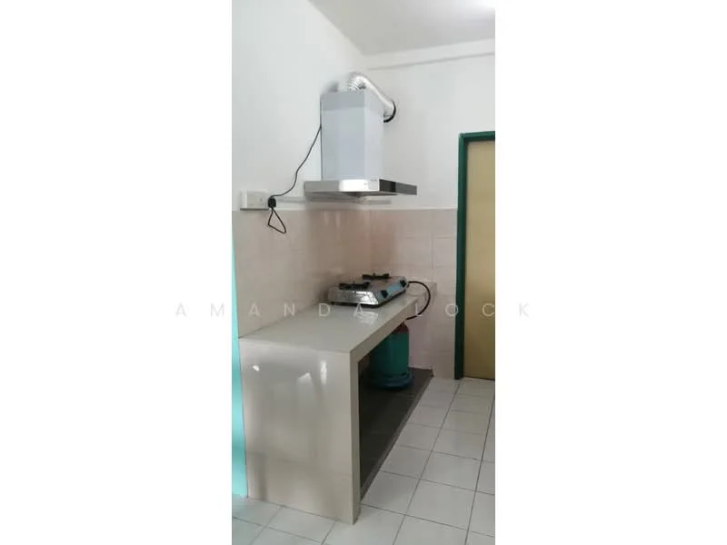 Kitchen features: white tiled walls, light grey countertop, stainless-steel range hood, 4-burner gas hob, white cabinetry, ceramic tile flooring, green accent wall, built-in kitchen cabinet; style: modern.