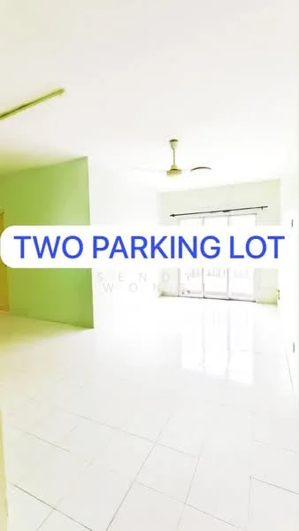 Room features: white tiled flooring, green accent wall, ceiling fan, floor-to-ceiling windows, sliding glass door, natural light, neutral wall color, open layout; style: modern.