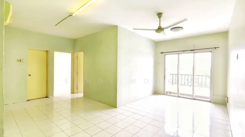 Room features: light green painted walls, white tiled flooring, sliding glass door, ceiling fan, natural light from windows, doorway leading to another room, open layout, balcony access; style: modern.