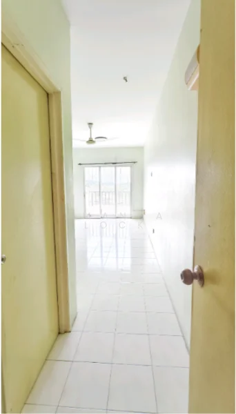 Room features: white painted walls, glossy white tile flooring, ceiling fan, door with knob, window with sheer curtains, natural light from window.