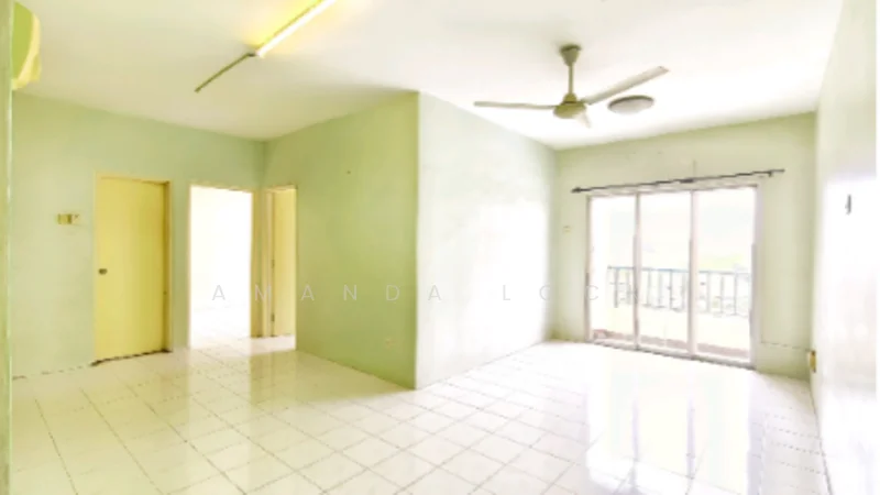 Living features: white painted walls, white tiled flooring, 5-blade ceiling fan, sliding glass door, floor-to-ceiling windows, natural light from windows, balcony access, neutral color scheme. Room features: white painted walls, white tiled flooring, doorway leading to another room.