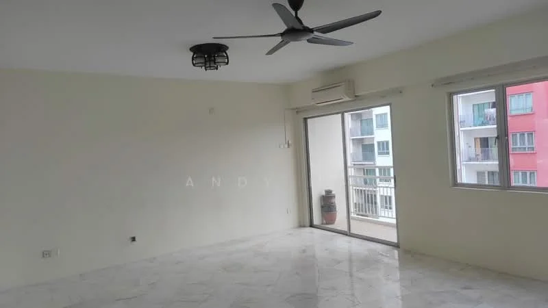 Living features: marble tile flooring, white painted walls, 5-blade ceiling fan with light, sliding glass door, floor-to-ceiling windows, air conditioning unit, balcony view; style: modern; view: city.
