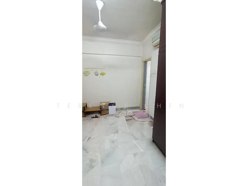 Room features: marble flooring, white painted walls, ceiling fan, built-in wardrobe, window with natural light, light switch, power outlets, doorway leading to another room.
