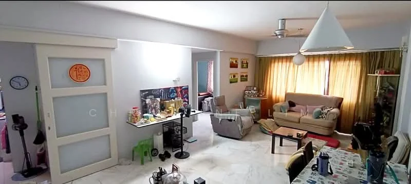 Living features: marble flooring, 5-blade ceiling fan with light, sofa in beige, coffee table, wall-mounted TV, decorative wall art, curtains in yellow, area rug, side table, floor lamp; style: contemporary. Dining features: dining table with patterned tablecloth, chairs around dining table, decorative items on table.