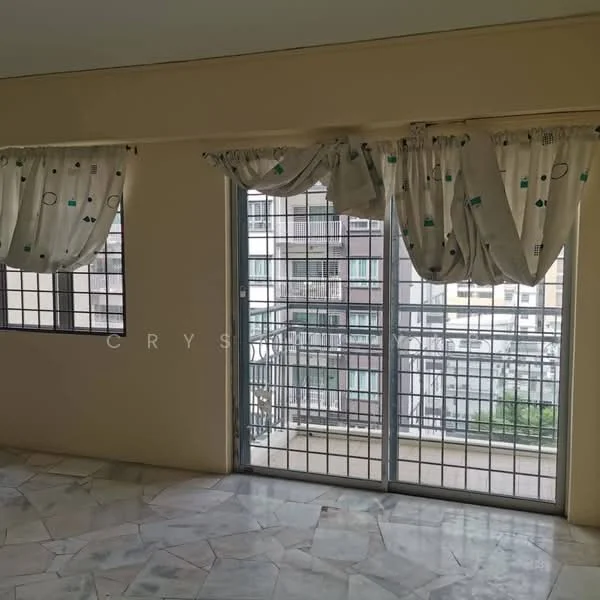 Room features: marble flooring, floor-to-ceiling windows, sliding glass door, sheer curtains, metal window grills, neutral wall color, natural light, view of exterior, open space.