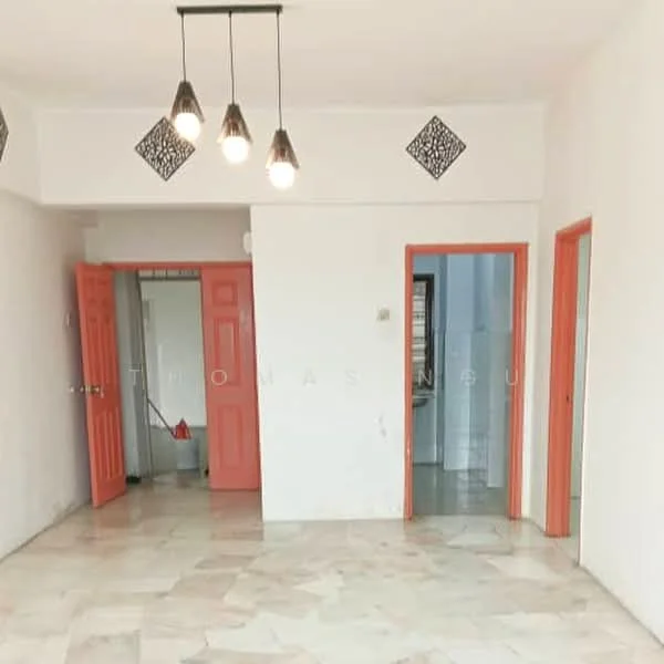 Room features: marble flooring, white painted walls, 3 pendant lights, 2 doorways with orange doors, one doorway leading to a bathroom, one doorway leading to another room, decorative wall accents, natural light from doorways; style: modern.