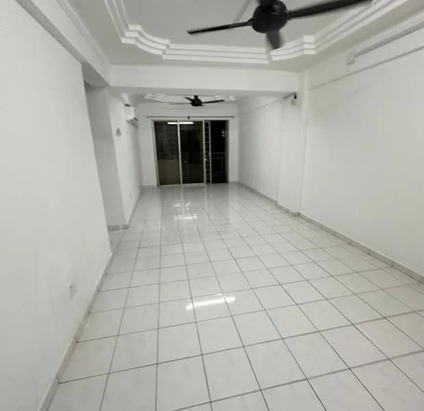 Room features: white painted walls, white ceiling with crown moulding, ceramic tile flooring, 2 ceiling fans, sliding glass door, floor-to-ceiling windows; style: modern.