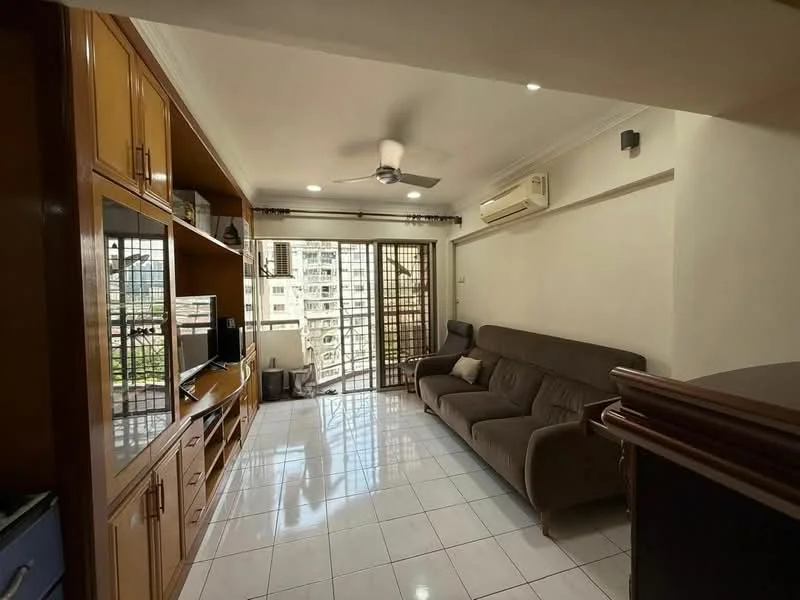 Living features: 3-seater fabric sofa in grey, ceiling fan, wall-mounted TV, built-in wooden cabinetry, white painted walls, glossy white tile flooring, sliding glass door, floor-to-ceiling windows, air conditioning unit, decorative wall sconce, natural light from windows, open layout; style: modern; view: city.