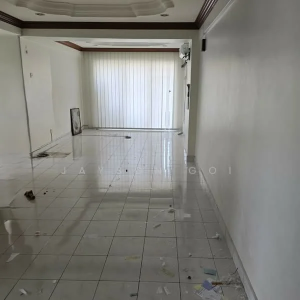 Room features: white painted walls, glossy ceramic tile flooring, tray ceiling, sliding glass door, floor-to-ceiling windows with sheer curtains, air conditioning unit, baseboards, natural light from windows; style: modern.