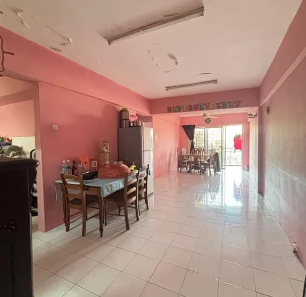 Kitchen features: pink painted walls, white tiled flooring, refrigerator, dining table with chairs, window with sheer curtains, light fixture on ceiling, open layout to living area; style: modern. Living features: white tiled flooring, light fixture on ceiling, sliding glass door, dining area with chairs, decorative wall with birthday decorations; style: modern.