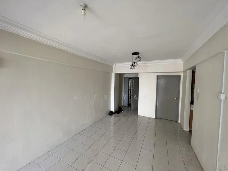 Room features: white painted walls, tile flooring, ceiling light fixture, crown moulding, doorway leading to another room, open layout, neutral color scheme, no visible furniture; style: minimalist.