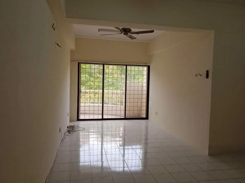 Living features: white painted walls, glossy ceramic tile flooring, 5-blade ceiling fan, floor-to-ceiling sliding glass door, natural light from large window, balcony view, neutral color scheme, no visible furniture; style: modern; view: garden.