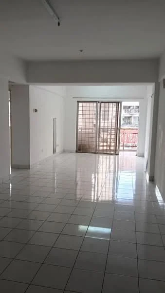 Room features: white painted walls, glossy white tile flooring, sliding glass door, balcony access, natural light from windows, ceiling light fixture, open layout, no visible furniture; style: modern; view: city.