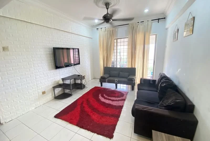 Living features: white painted walls, exposed brick accent wall, white ceiling, 5-blade ceiling fan with light, floor-to-ceiling windows, curtains, black leather sofa, grey fabric sofa, coffee table, wall-mounted TV, TV console, area rug with red spiral pattern, tile flooring; style: modern.
