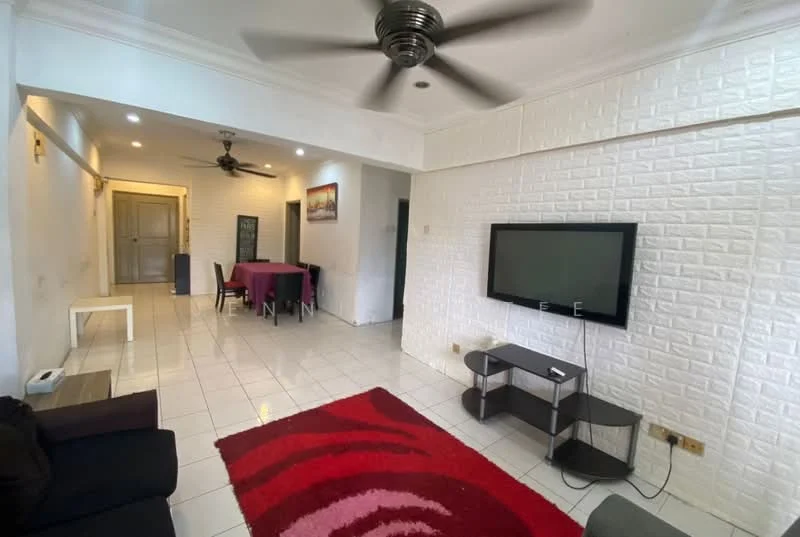Living features: black fabric sofa, red area rug with abstract pattern, wall-mounted TV, TV console, white painted walls, recessed downlights, 5-blade ceiling fan, tile flooring, decorative wall with textured finish, open layout to dining area; style: modern. Dining features: 6-seater dining table, purple tablecloth, white painted walls, tile flooring, ceiling fan; style: modern.