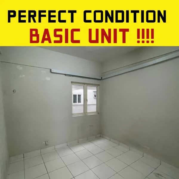 Room features: white painted walls, white tiled flooring, single window, ceiling with exposed beams, no visible furniture, neutral color scheme, basic lighting fixture; style: minimalist.