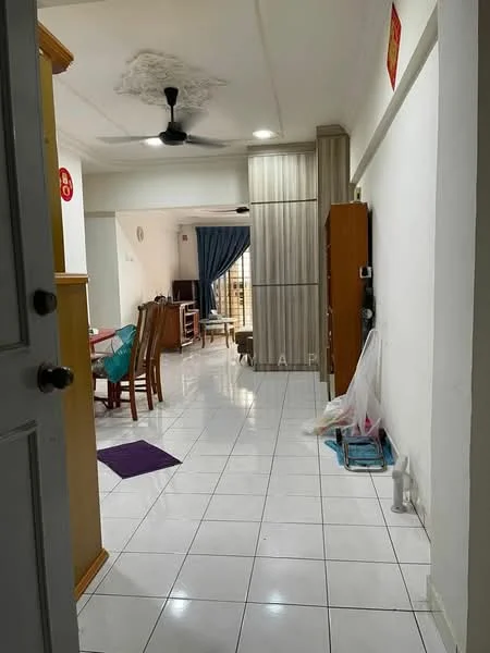 Room features: white painted walls, glossy white tile flooring, 5-blade ceiling fan, wooden door, dining table with chairs, curtains, decorative wall art, open layout, visible hallway, storage cabinet, area rug, natural light from windows; style: modern.
