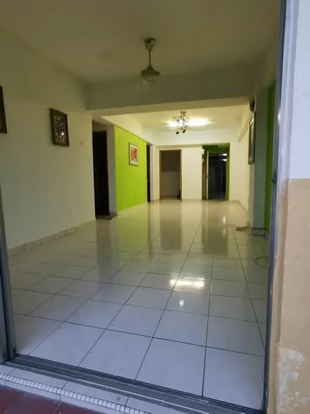 Room features: white painted walls, green accent wall, glossy tile flooring, ceiling fan, recessed downlights, sliding glass door, doorway leading to another room, wall-mounted artwork, open layout; style: modern.