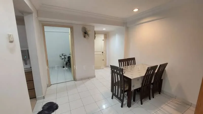 Dining features: dining table with 6 chairs, white tablecloth, white painted walls, tile flooring, recessed lighting, ceiling fan, doorway leading to another room, open layout to adjacent room; style: modern. Room features: white painted walls, tile flooring, doorway leading to hallway, visible ceiling fan.