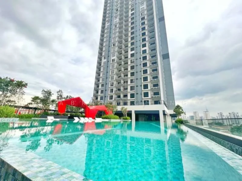 Exterior type: high-rise condominium; features: infinity pool, pool deck with loungers, landscaped garden, red cabana structure, glass curtain wall facade, surrounded by city skyline, mature trees, tiled pool edge; style: modern.