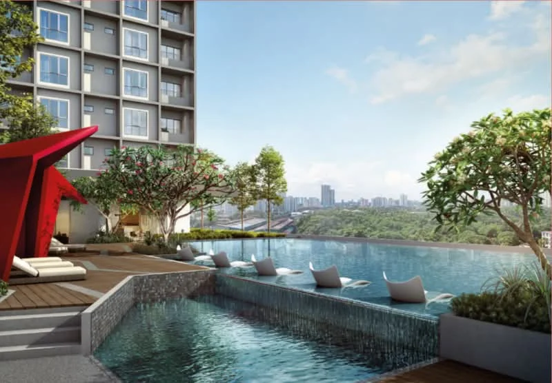 Exterior type: high-rise condominium; features: infinity pool, pool deck with loungers, landscaped garden with trees, water feature with cascading water, wooden decking, city skyline view, red architectural feature, surrounding greenery; style: modern.