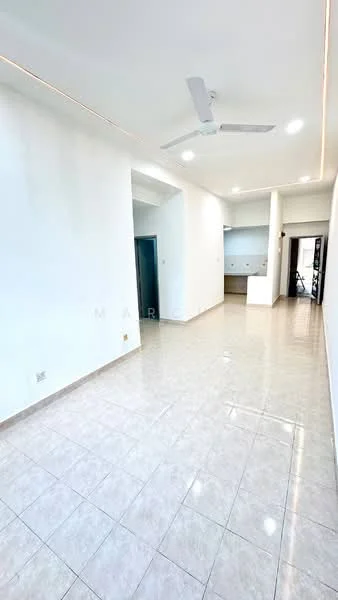 Living features: white painted walls, glossy ceramic tile flooring, 5-blade ceiling fan with light, recessed downlights, open layout, large windows, neutral color palette, kitchen area visible in background; style: modern.