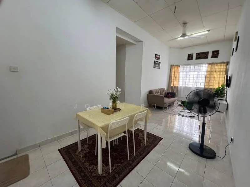 Dining features: white walls, white tiled flooring, ceiling fan, dining table with four chairs, decorative area rug, large window with sheer curtains, sofa in beige, potted plant, wall-mounted artwork, light fixture on ceiling; style: modern.