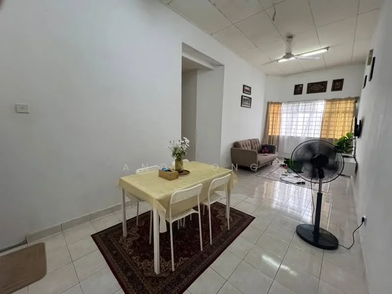 Dining features: white walls, glossy tile flooring, dining table with tablecloth, 4 white chairs, decorative area rug, ceiling fan, large window with sheer curtains, potted plant, wall-mounted artwork, sofa in beige fabric, light fixture on ceiling; style: modern.