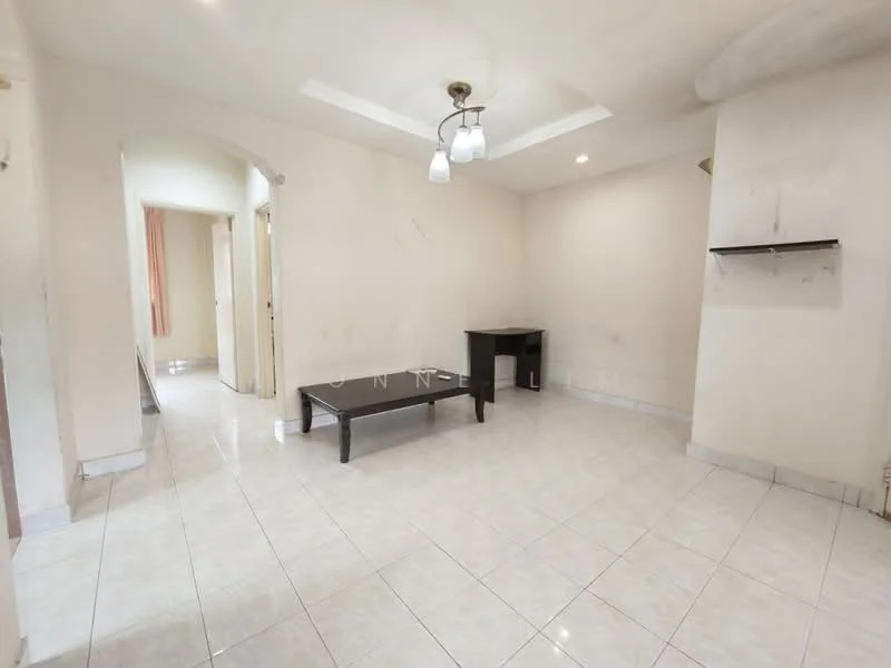 Living features: white painted walls, ceiling with recessed downlights, tile flooring, 1 ceiling light fixture, black coffee table, small black console table, empty wall shelf, large open space.
