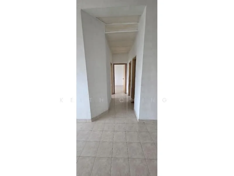 Hallway features: white painted walls, tile flooring, ceiling with recessed lighting, doorways leading to other rooms, neutral color scheme, wide corridor, natural light from openings, no visible decor.