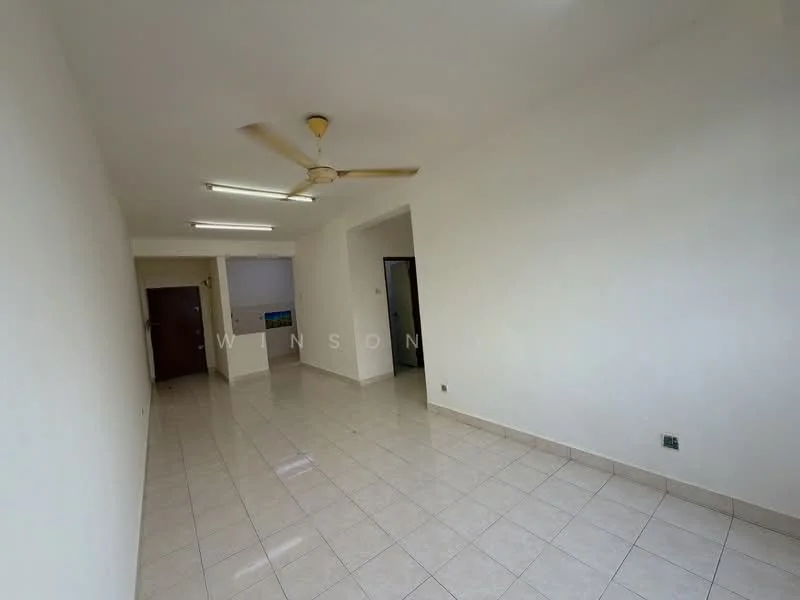 Room features: white painted walls, glossy ceramic tile flooring, ceiling with fluorescent lights, ceiling fan, doorway leading to another room, window with natural light, neutral color scheme; style: minimalist.