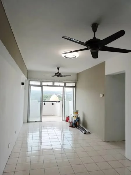 Living features: white painted walls, cream accent wall, glossy tile flooring, 5-blade ceiling fan with light, 2 ceiling fans, floor-to-ceiling windows, sliding glass door, balcony access, recessed ceiling lights, open layout; style: modern; view: city.